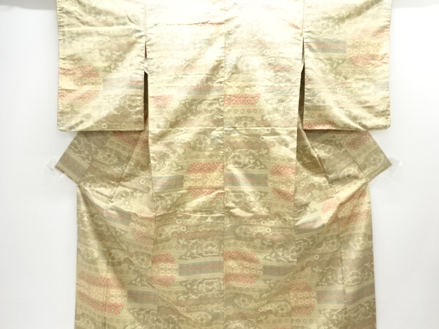 JAPANESE KIMONO / ANTIQUE KIMONO / SILK / TSUMUGI / WOVEN STRIPE & FLORAL PLANTS & GEOMETRIC PATTERN